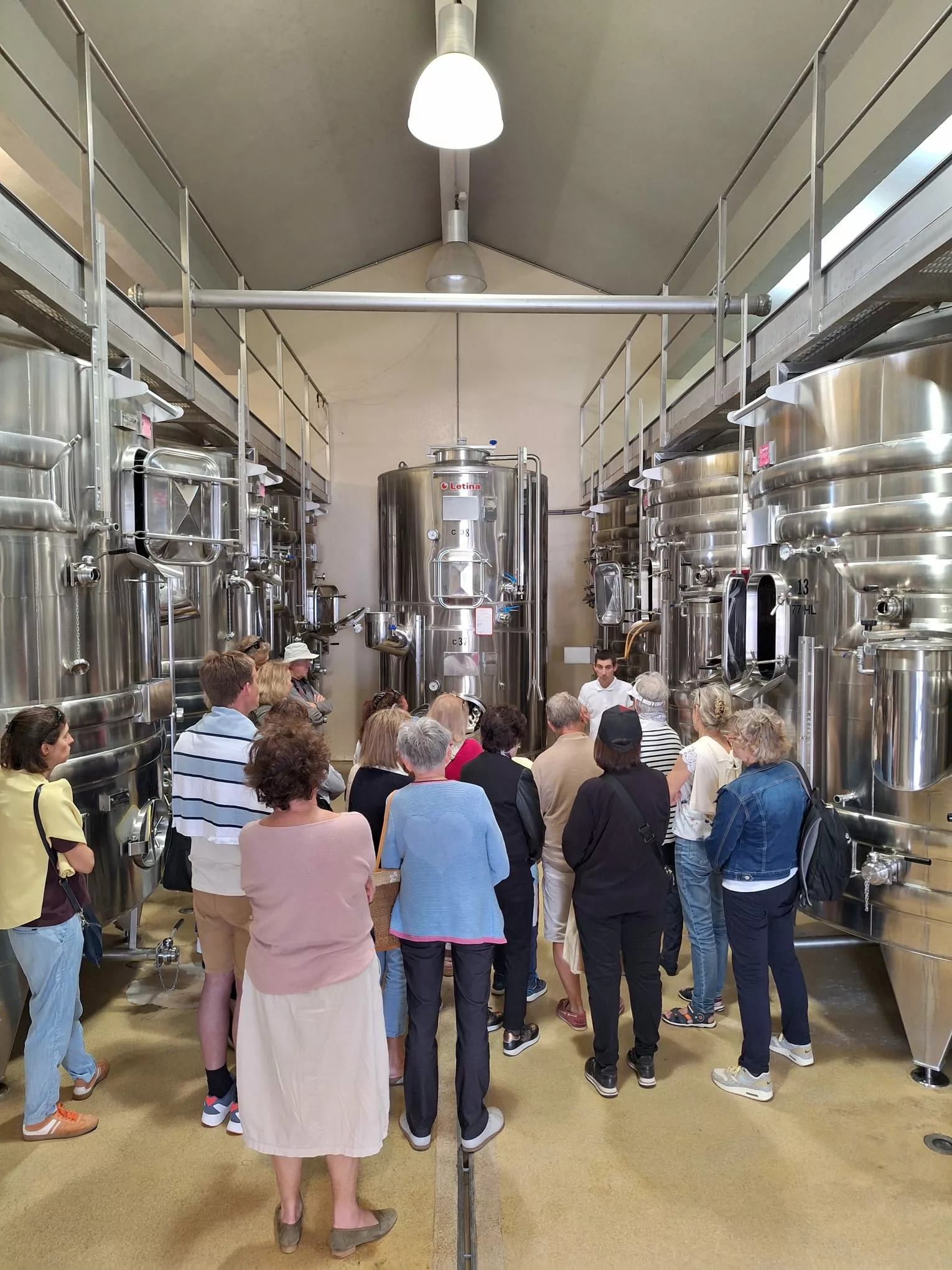Une foule est en train d'écouter ce que le caviste leur explique à propos de la fabrication du vin. Ils sont tous dans la cave d'un domaine, au milieu des cuves en inox. des chefs dans les vignes 260425 © lacroixvalmertourisme 