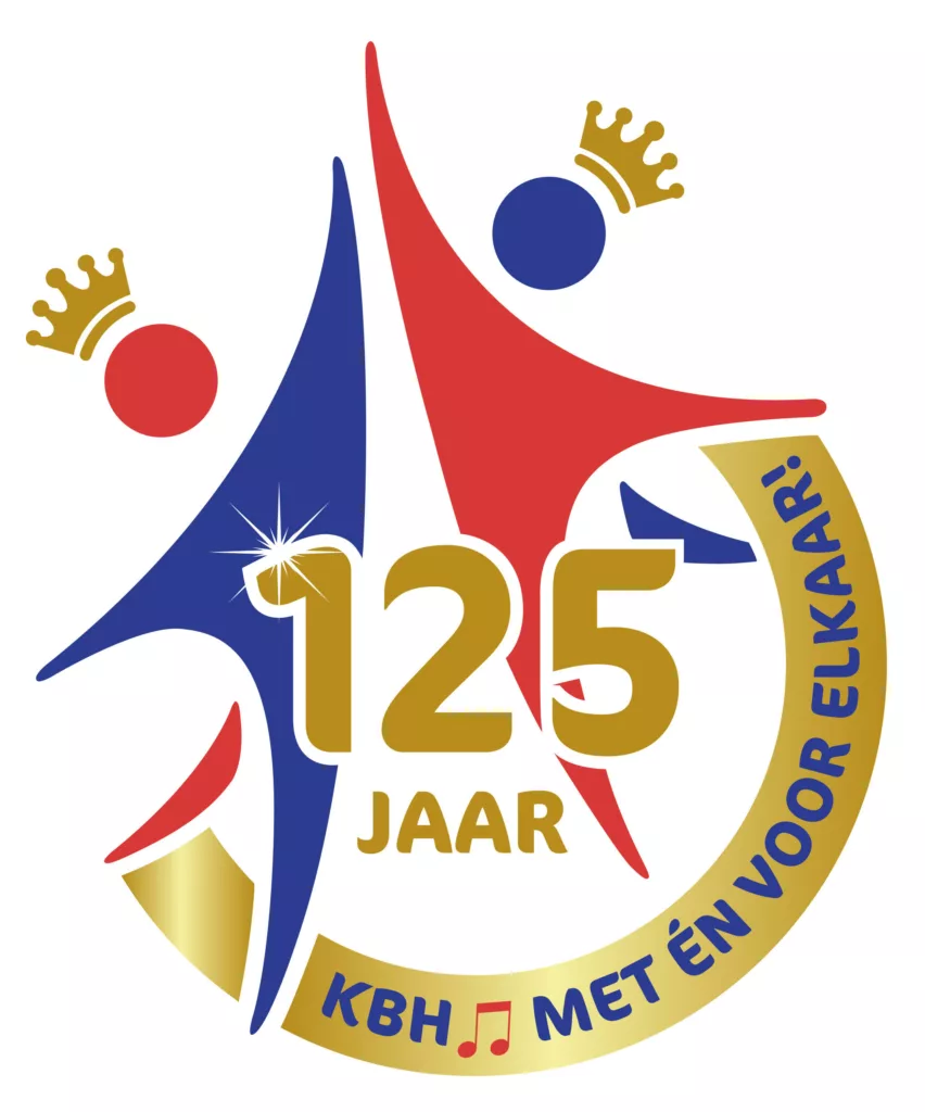 logo de Koninklijke Biltse Harmonie fêtant leur 125 ans. Composé de deux ronds rouge et bleu avec deux petites couronnes au dessus. Il y a également de l'or, du rouge et du bleu sur le reste du logo.