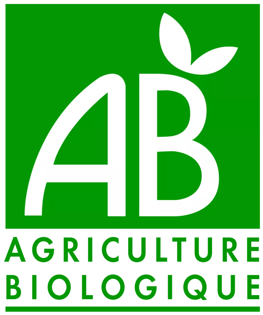 Logo de l'agriculture biologique qui représente un grand A et B collés avec deux feuilles sur le dessus des lettres pour les transformer en fruit. Tout est vert sur fond transparent.