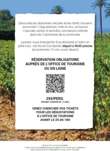 Explications des l'évènement Des Chefs dans les Vignes avec informations tel que prix et QR code. Le texte est noir sur un grand rectangle blanc. Sur le fond de la brochure il y a une photo des vignes avec des palmiers et la mer et le ciel bleu en fond.