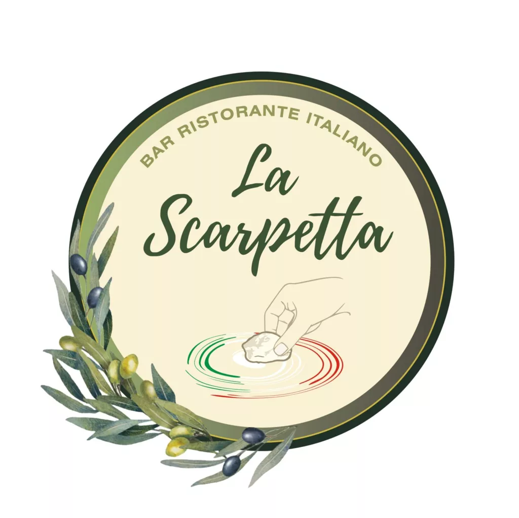 Logo du restaurant La Scarpetta représentant une main avec un bout de pain qui sauce dans de l'huile aux couleurs de l'Italie. Le nom du restaurant est juste au dessus du dessin, le tout est dans un rond au fond gris/jaune et aux contours composé de trois verts différents. Sur un des côtés il y a une branche d'olivier avec des olives.