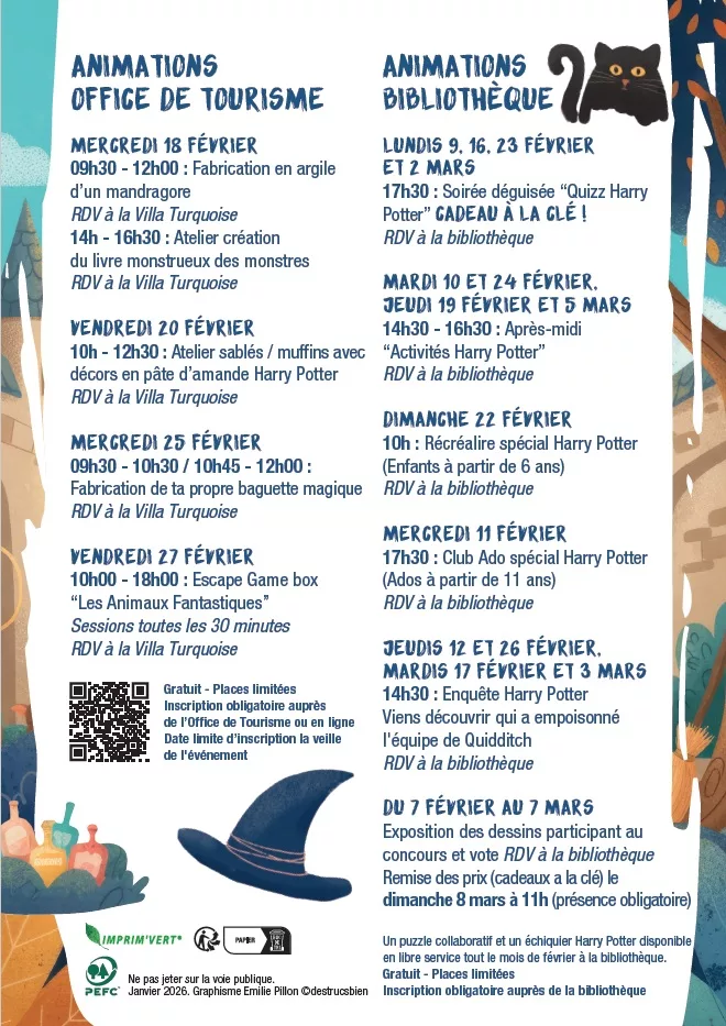 Brochure annonçant le programme des pichoun'ventures d'hiver avec toutes les descriptions, les horaires et les lieux en bleu sur fond blanc. En arrière plan il y a des différentes formes de différentes couleurs. Il y a le dessin d'un chat noir mais également un chapeau de sorcière et des potions.