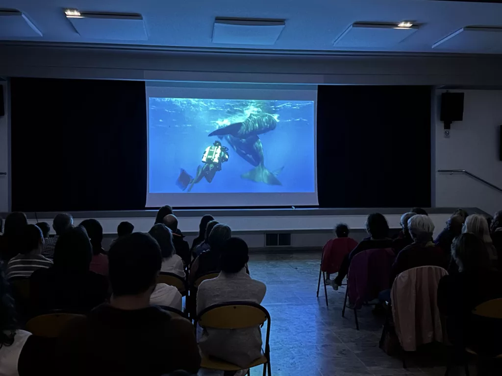 Public assis sur des chaises dans une salle de projection pour un documentaire sur la protection marine dans une salle sombre