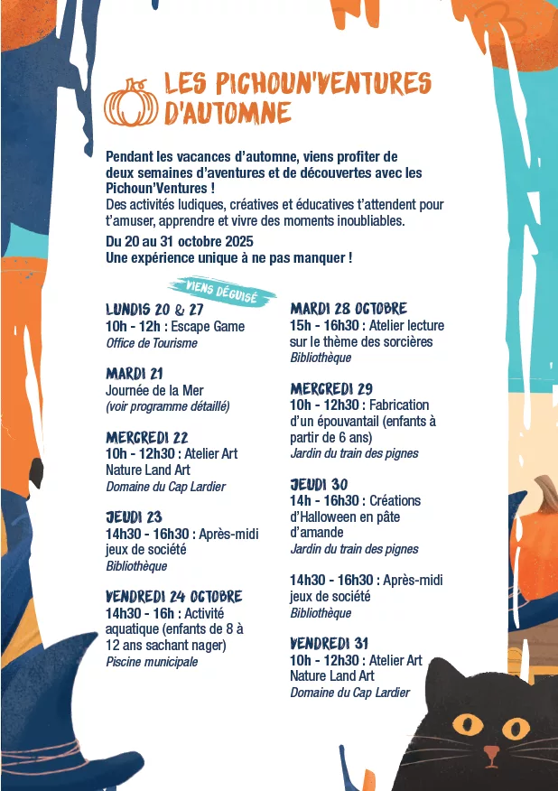 Brochure annonçant le programme des Pichoun'ventures d'automne avec toutes les descriptions, les horaires et les lieux en bleu sur fond blanc. En arrière plan il y a des différentes formes de différentes couleurs. Au premier plan il y a un chat noir dessiné.