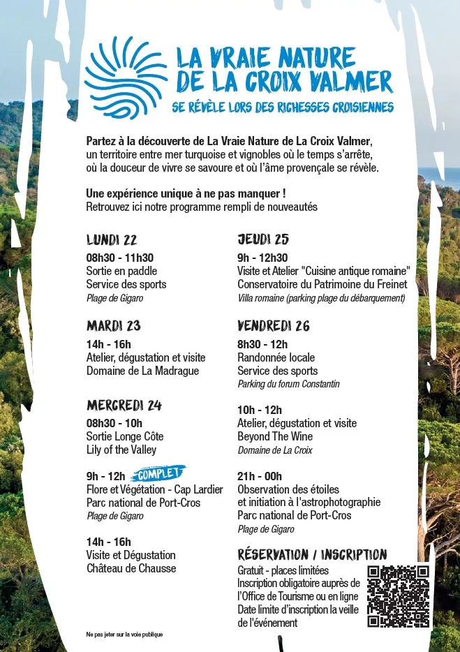 Programme des Richesses Croisiennes de 2025, sur un fond de forêt et de littoral, un encadrement blanc met en avant les différentes dates des activités avec le nom des activités ainsi que les horaires.