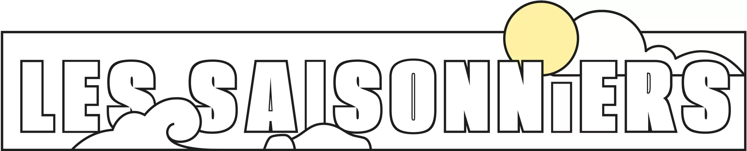 Logo du restaurant Les Saisonniers. Le fond est blanc, le nom du restaurant est dans une écriture simple et épaisse mais transparente. Autour il y a des dessins de nuages et un soleil.