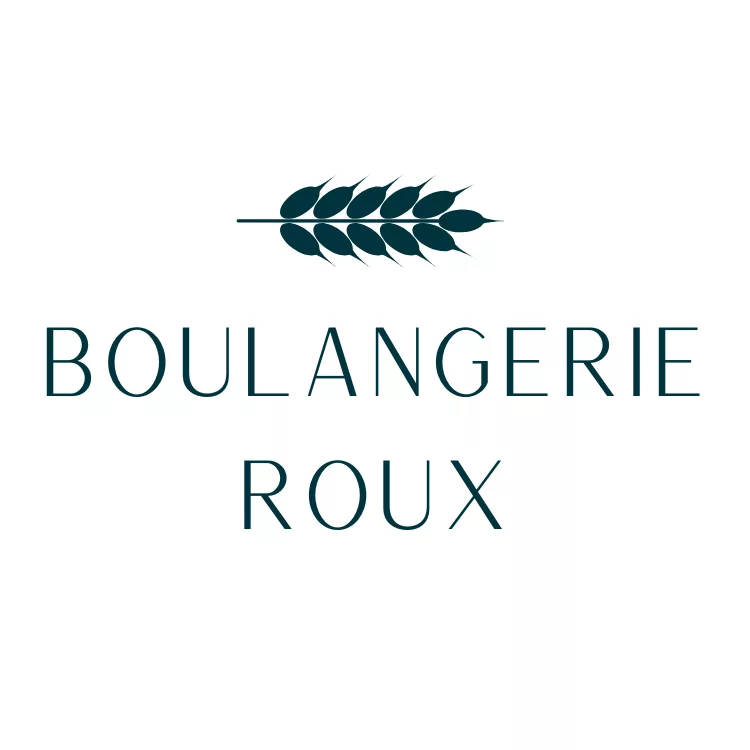 Logo de la Boulangerie Roux. Sur fond blanc, le dessin d'un épis de blé d'un joli vert canard. En dessous le nom de la boulangerie est inscrit dans la même couleur.