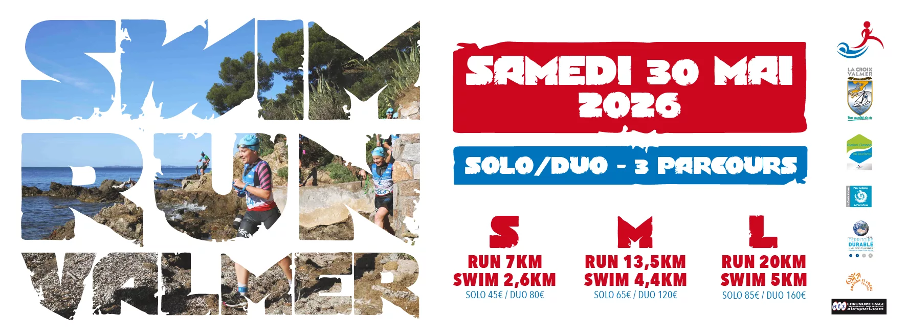 Affiche de la Swim Run Valmer avec une photo des coureurs sur le littoral. Les informations pour les courses sont sur le coté avec du rouge et du bleu
