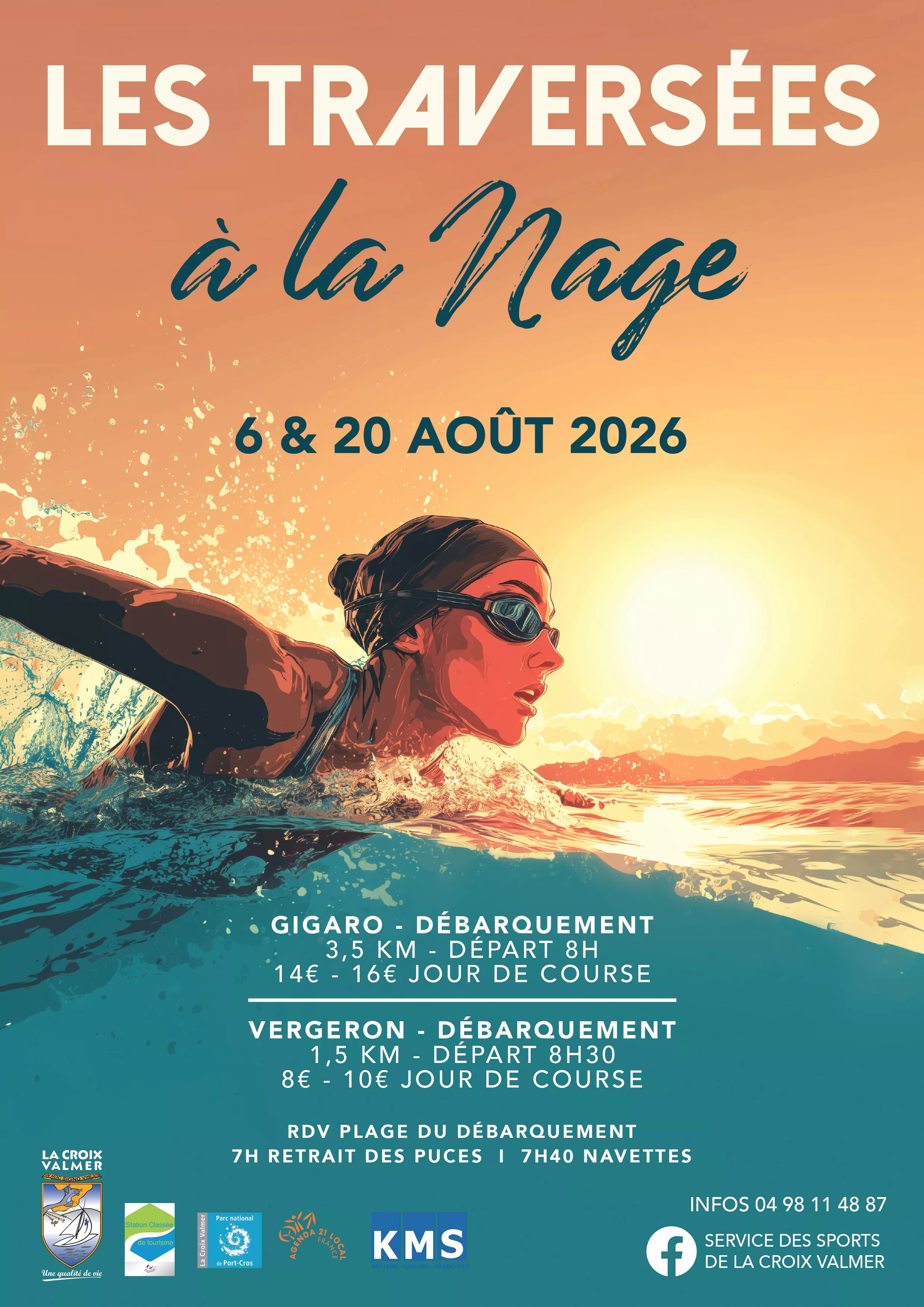 Affiche pour la traversée à la nage, c'est un dessin d'une femme qui nage dans la mer avec un ciel orange. Elle a des lunettes de plongée et un bandeau de bain. L'eau est bleue et les info de la course sont inscrits en bas de la page