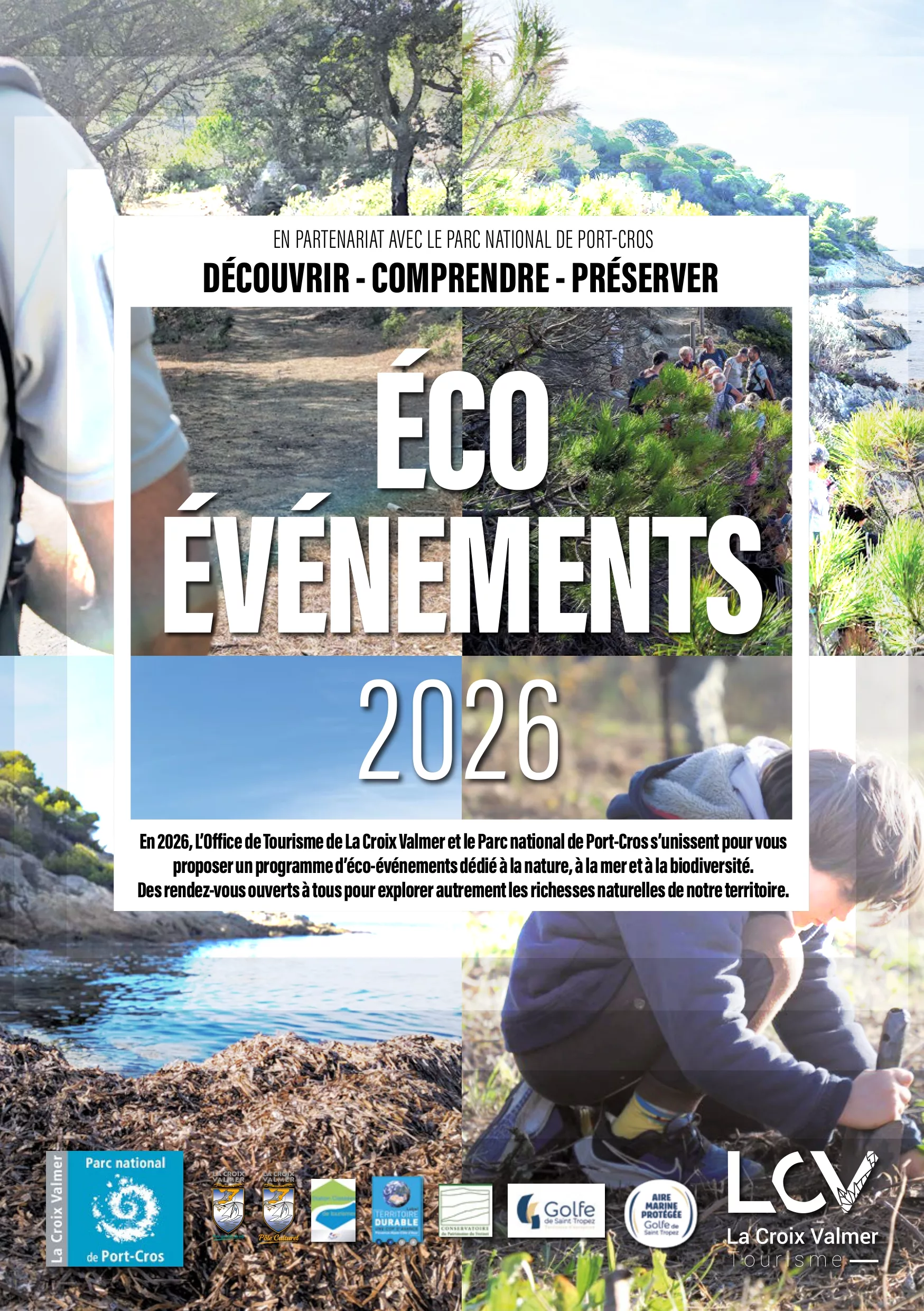 Affiche de l'éco-évènement 2026 où on voit un guide du PNPC menant à un chemin sur le littoral, des randonneurs derrières des rochers sur le littoral, une plage en plein hiver avec beaucoup de posidonies et un enfant en train de creuser dans la terre. Des logos et des info sont tout autour de l'image.
