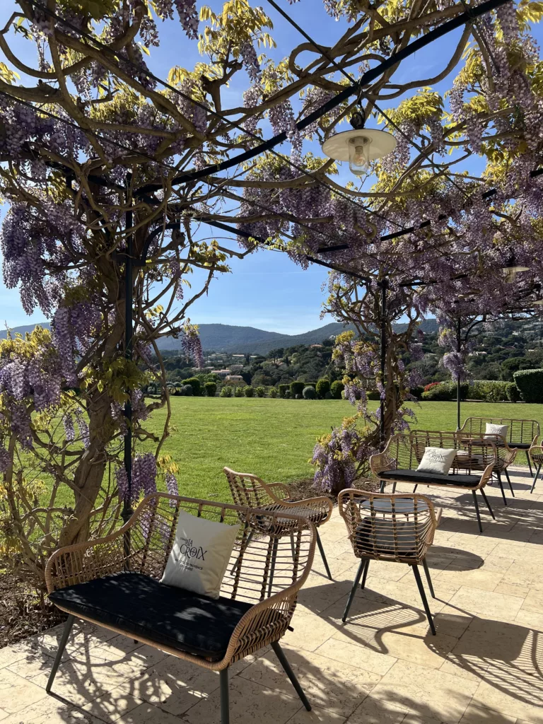 © lacroixvalmertourisme Jardin du domaine de la croix avec des jolies fleurs violettes, une pelouse parfaite, des chaises tressées et la vue sur les vignes