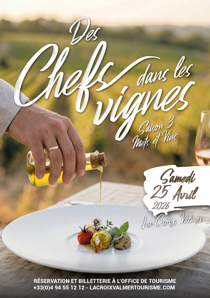 Affiche des chefs dans les vignes, une main avec une alliance est en train de verser de l'huile d'olive sur une assiette avec des farcis tomate et courgette. l'assiette est grande et blanche, il y a un verre de rosé sur le côté et dans le fond il y a des vignes. Le soleil est en train de se coucher donc il y a une jolie lumière. C'est pour la Saison 3 : Met et vin, les gens pourront venir pendant leurs vacances.