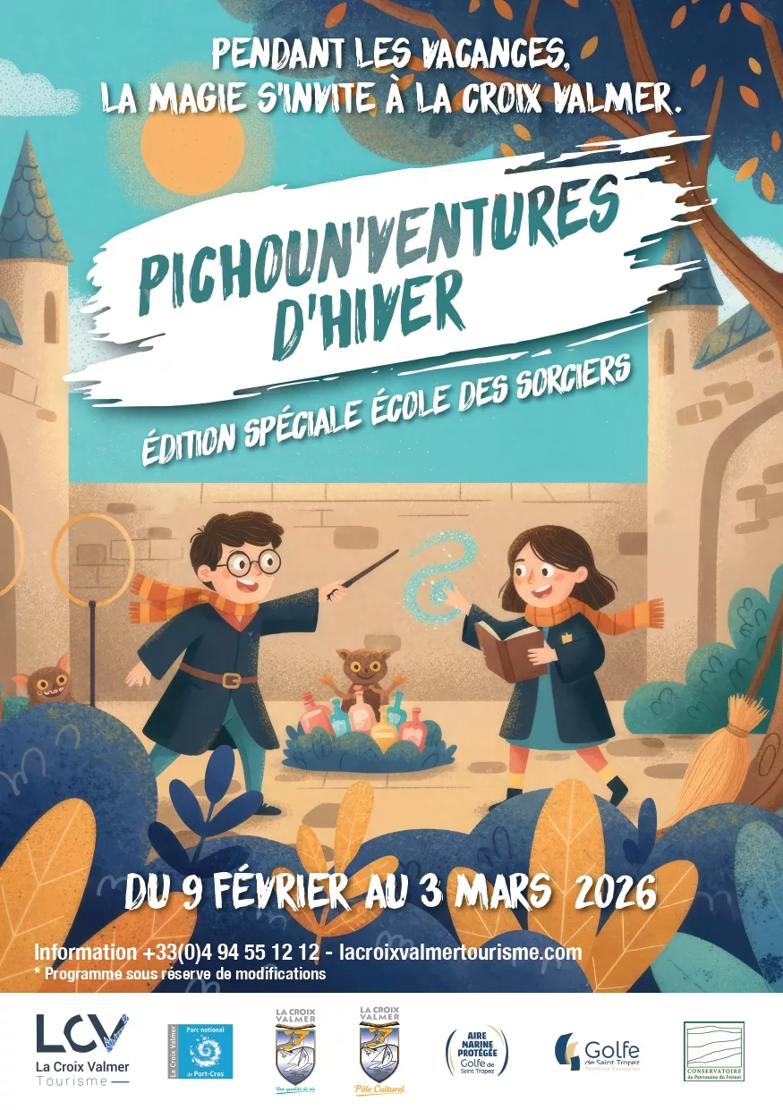 Affiche des pichoun'ventures d'hiver représentant deux jeunes sorciers qui apprennent à faire de la magie. Ils sont dans un château et il y a des chauves sourires avec eux. Le thème d'Harry Potter est représenté avec les capes et les jeux derrière.
