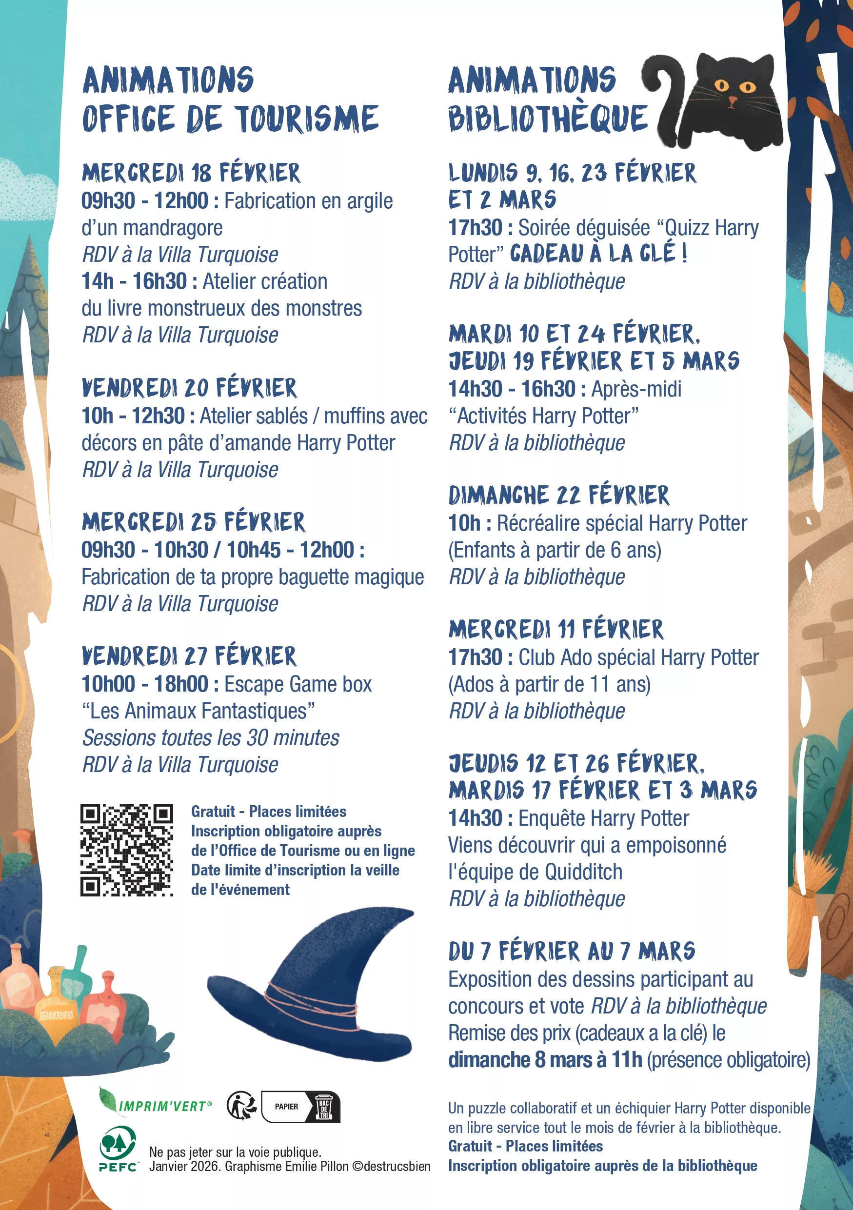 Brochure annonçant le programme des pichoun'ventures d'hiver avec toutes les descriptions, les horaires et les lieux en bleu sur fond blanc. En arrière plan il y a des différentes formes de différentes couleurs. Il y a le dessin d'un chat noir mais également un chapeau de sorcière et des potions. vacances